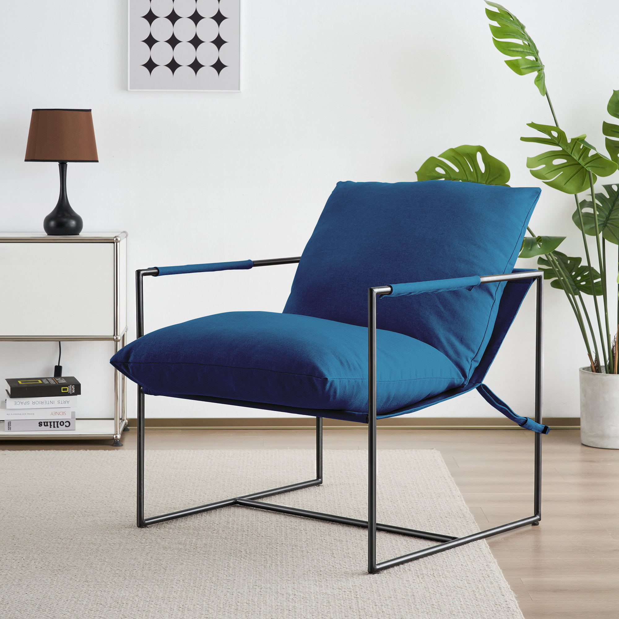 Cliatt Modern Metal Framed Sling Upholstered Accent Chair for Living Room Oversized Ebern Designs Fabric Navy Blue Polyester